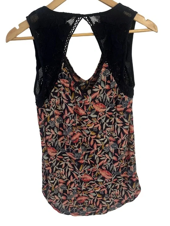 Lucky Brand Lace Sleeveless Tank Top - Navy with Pink & Coral Floral | Size M - Picture 2 of 8